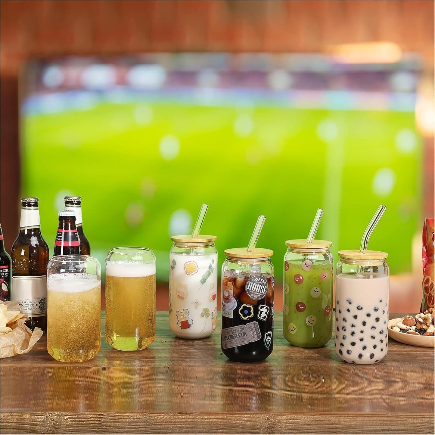 Drinking Glasses with Bamboo Lids and Glass Straw 4pcs Set - 16oz Glass Cups, Iced Coffee Glasses, Cute iced Tea Glasses, Beer Glasses, Ideal for Coffee Bar Accessories, Aesthetic Gift - 2 Brushes