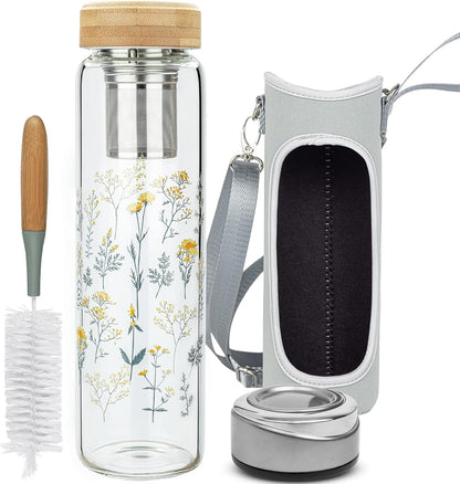 32oz Borosilicate Glass Water Bottle with Tea Infuser, Tea Tumbler with Strainer, Reusable Travel Mug with Sleeve & 2 Lids, Glass Drinking Bottle for Hot or Cold Drinks