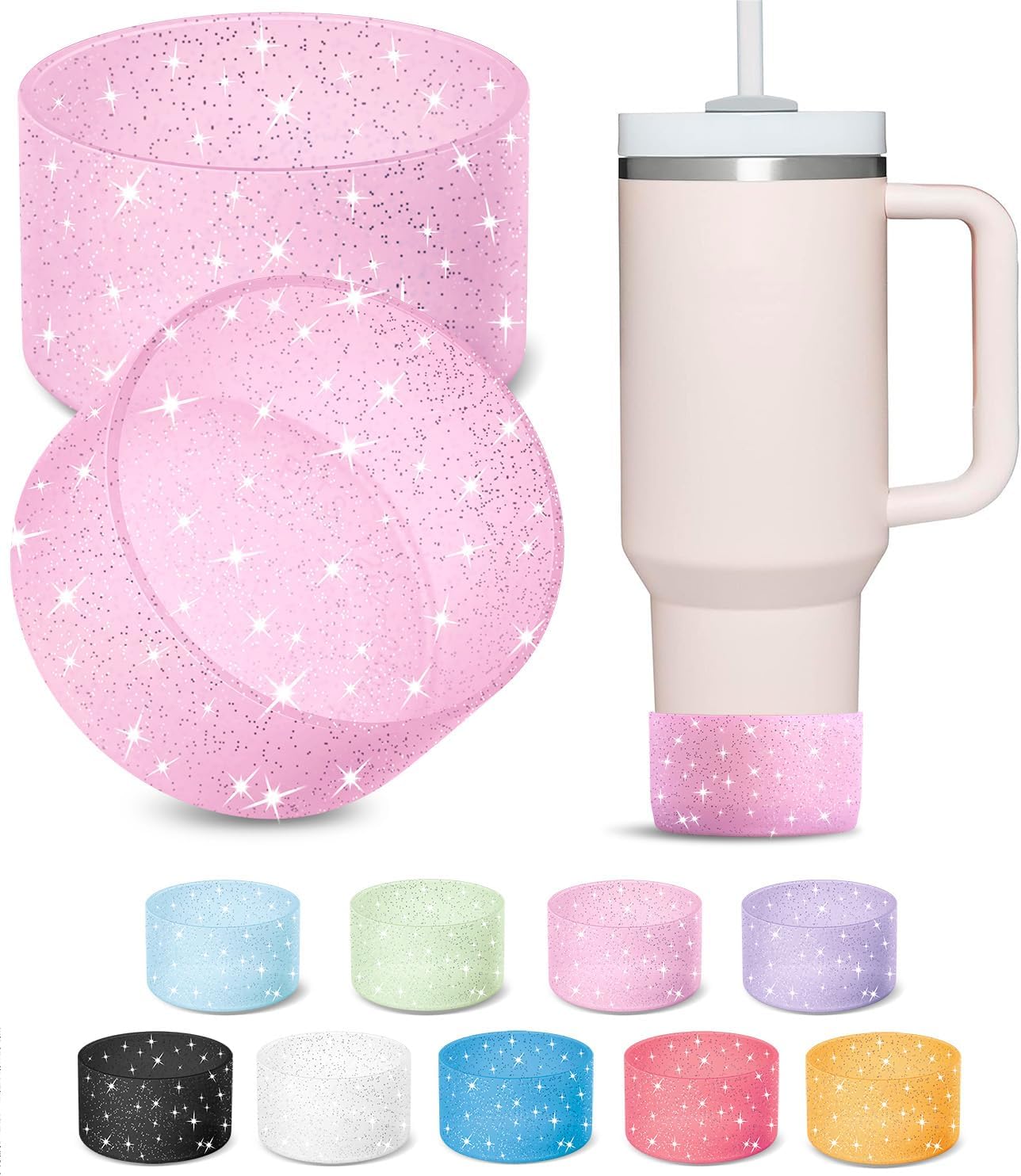 KTKUDY 2 PCS Glitter Silicone Boot Compatible with Stanley Tumbler 20 30 40 oz & Fits Hydro Flask Water Bottle 12-24oz & Fits Yeti, Simple Modern, Owala Cup - Bling Cup Bottom Protector Accessories