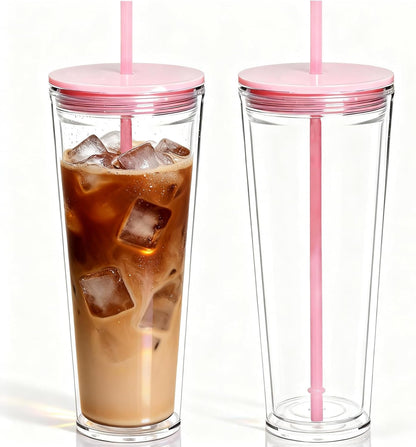 24oz Tumbler with Lid and Straw, Leak Proof and Double Wall Insulated Reusable Plastic Cups,Travel Reusable Iced Coffee Cup (1, Pink)