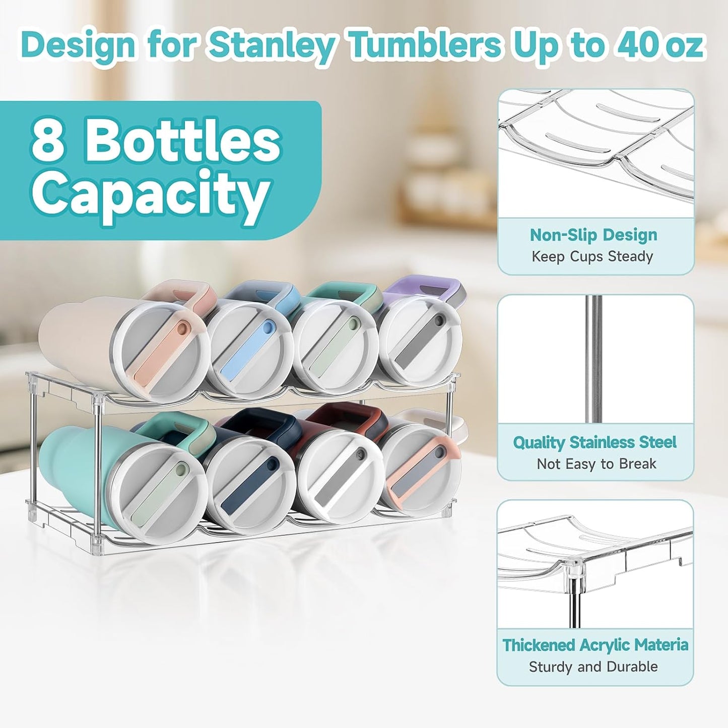 Stackable Water Bottle Organizer, Large Compartment Water Bottle Holder for Stanley 40 oz Tumbler, Kitchen Storage Organizer for Stanley Cup Accessories, Tumbler Organizer Wine Rack - Hold 16 Bottles