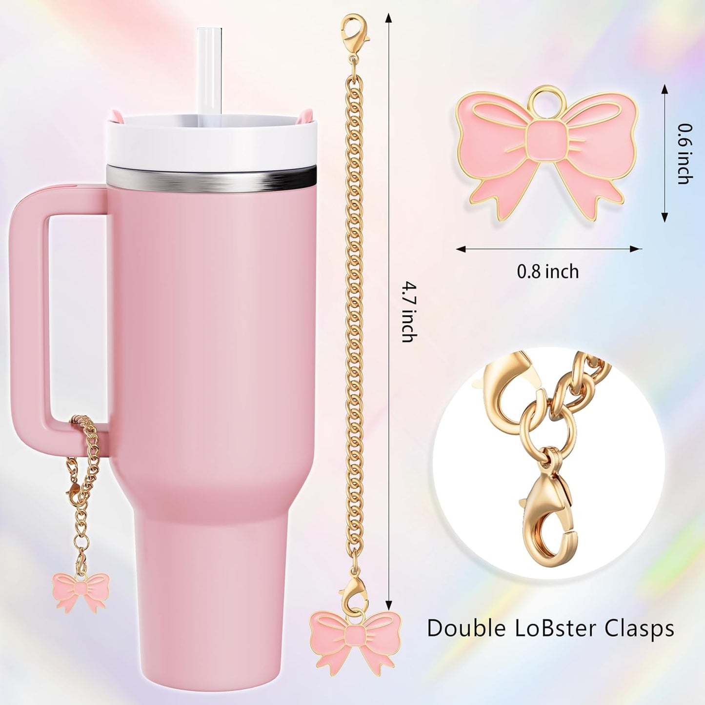 Compatible with Stanley Cup Accessories - 3Pcs 10mm Bow Straw Topper Compatible with Stanley Cup Straw Cover Cap, 2pcs Pink Bow Charms for Stanley 30&40 Oz Tumbler with Handle