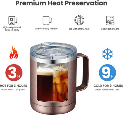 MEWAY 12oz Coffee Mug With Handle and Sliding Lid,Stainless Steel Travel Tumbler Cup with Handle,Double Wall Vacuum Insulated Camping Cup for Hot & Cold Drinks Tea (Black,Set of 1
