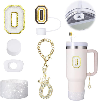 Mity Rain 6pc Cup Accessories Set for Stanley 30 oz & 40 oz Tumbler with Handle, Including Straw Cover Cap, Cup Initials Charm, Silicone Boot, Round & Square Spill Proof Stopper