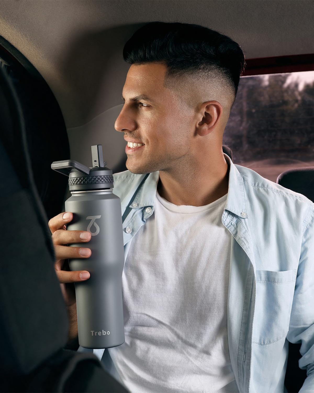 Trebo 40 oz Water Bottle Insulated Fit Car Cup Holder with Handle, Stainless Steel Water Bottles Tumbler with Spout Straw Lids, Double Wall Travel Reusable Flask, Leakproof Mug,Keep Cold &Hot,Black