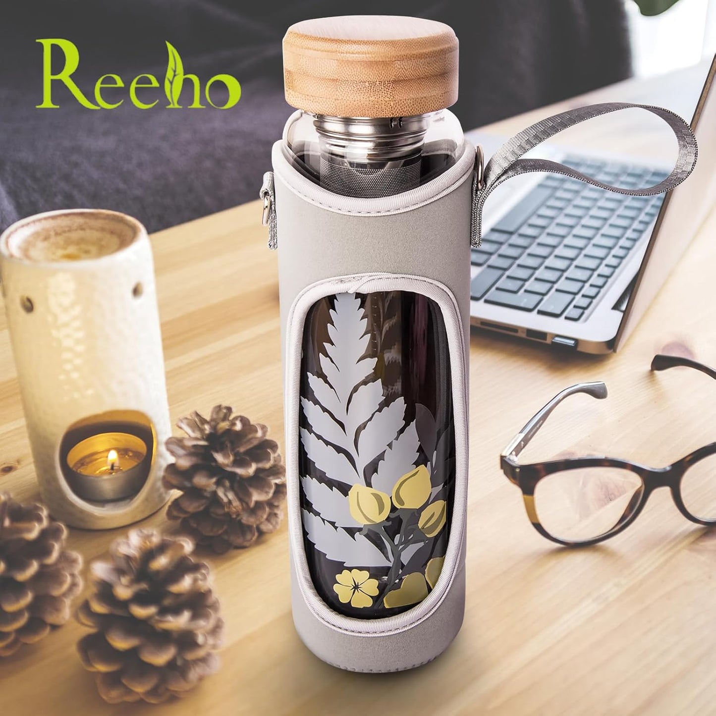 32oz Borosilicate Glass Water Bottle with Tea Infuser, Tea Tumbler with Strainer, Reusable Travel Mug with Sleeve & 2 Lids, Glass Drinking Bottle for Hot or Cold Drinks
