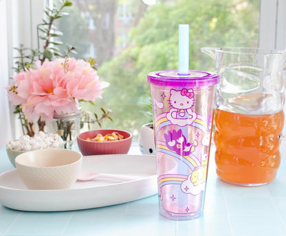 Silver Buffalo Sanrio Hello Kitty and Friends Plastic Boba Tumbler with Lid and Straw Featuring Hello Kitty, Cinnamorroll, Kuromi, My Melody, Badtz Maru, Keroppi, Chococat, and Pompompurin, 24 Ounces