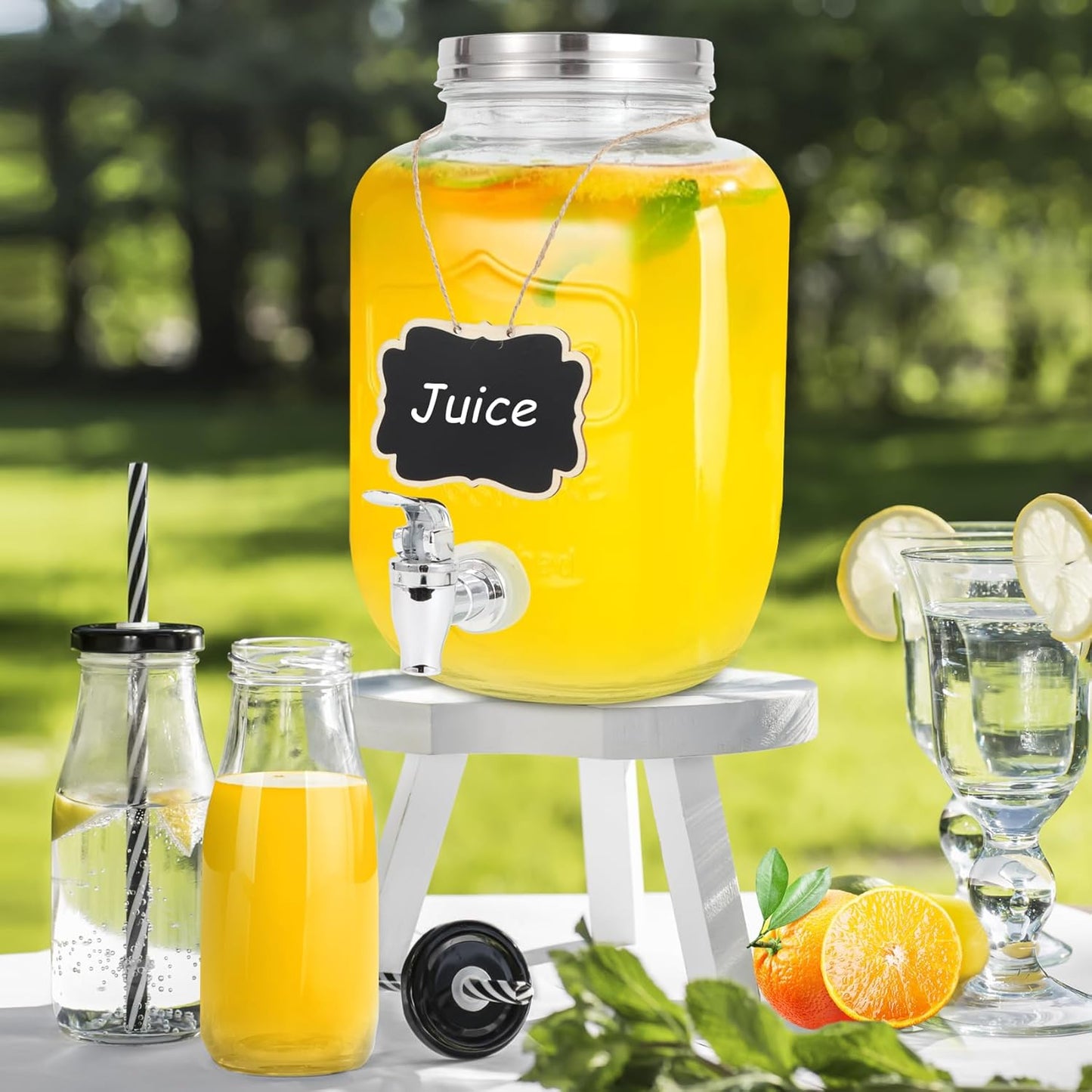 1 Gallon Glass Drink Dispensers For Parties-Set of 2,Drink Dispenser with Fruit Infuser & Stand,Juice or Beverage Dispenser for BBQ, Picnic, Party,Laundry Detergent Dispenser