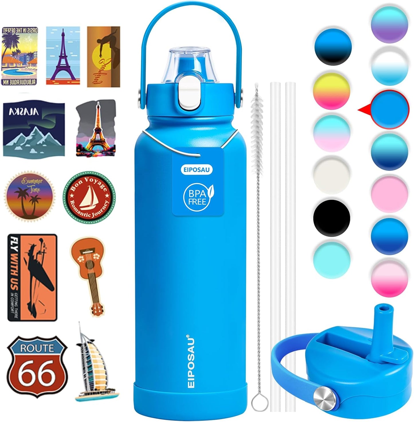 Insulated Water Bottle with Lid & Boot & Stickers, 24 oz Stainless Steel Sweat Free Bottle Keep Cold 24H, BPA-Free Sports Wide Mouth Water Bottle, BlueBlack