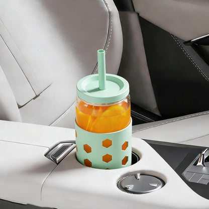 Mrsdry Glass Cups with Lids and Straws (4 Pcs), 16oz Drinking Glasses Set with Silicone Sleeves for Coffee Bar Accessories Iced Coffee Cups with Lids, Glass Tumbler Reusable for Gifts