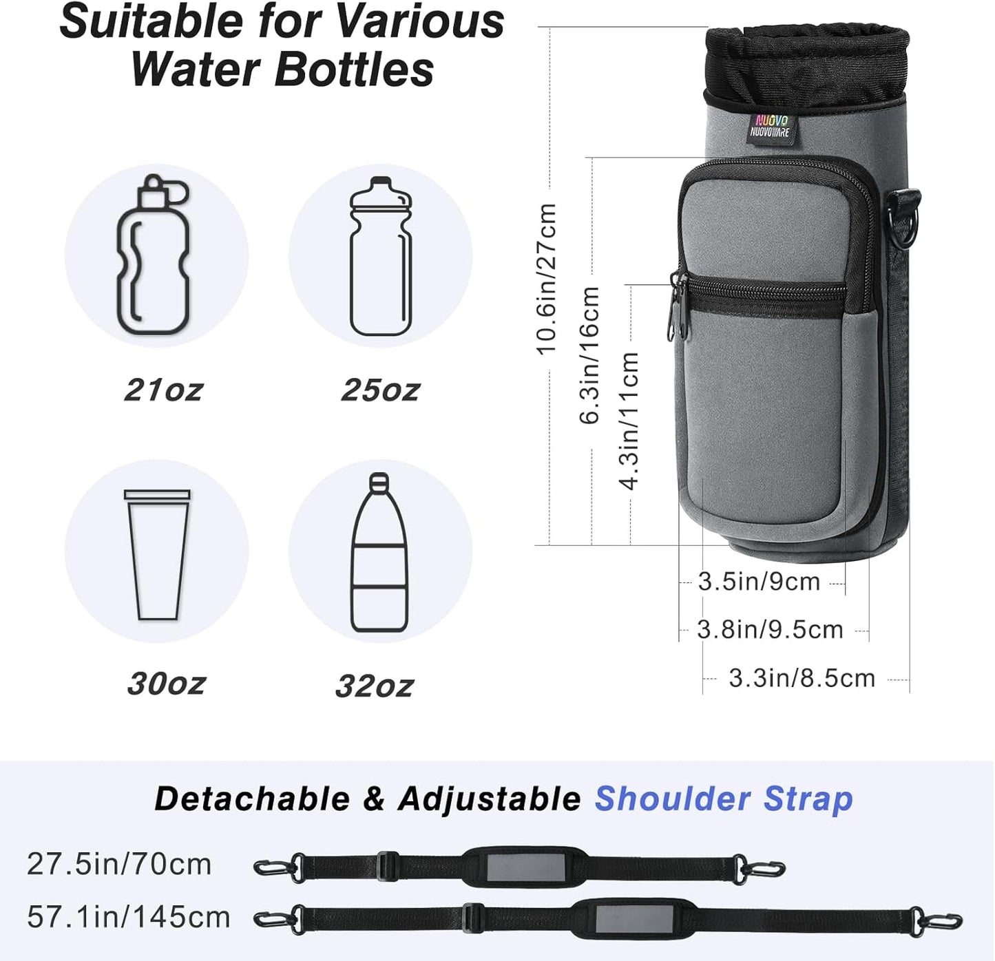 Nuovoware Water Bottle Carrier Bag,25oz/40oz/64oz Bottle Pouch Holder,Adjustable Shoulder Hand Strap 2 Pocket Sling Neoprene Sleeve Sports Accessories for Hiking Travelling Camping