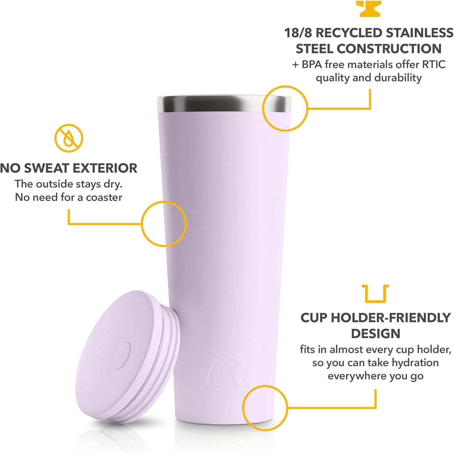 RTIC 20oz Everyday Tumbler Insulated Stainless Steel Portable Travel Coffee Cup with Straw, Ceramic Lining, Spill-Resistant Lid, BPA-Free, Hot and Cold Drink, Beach