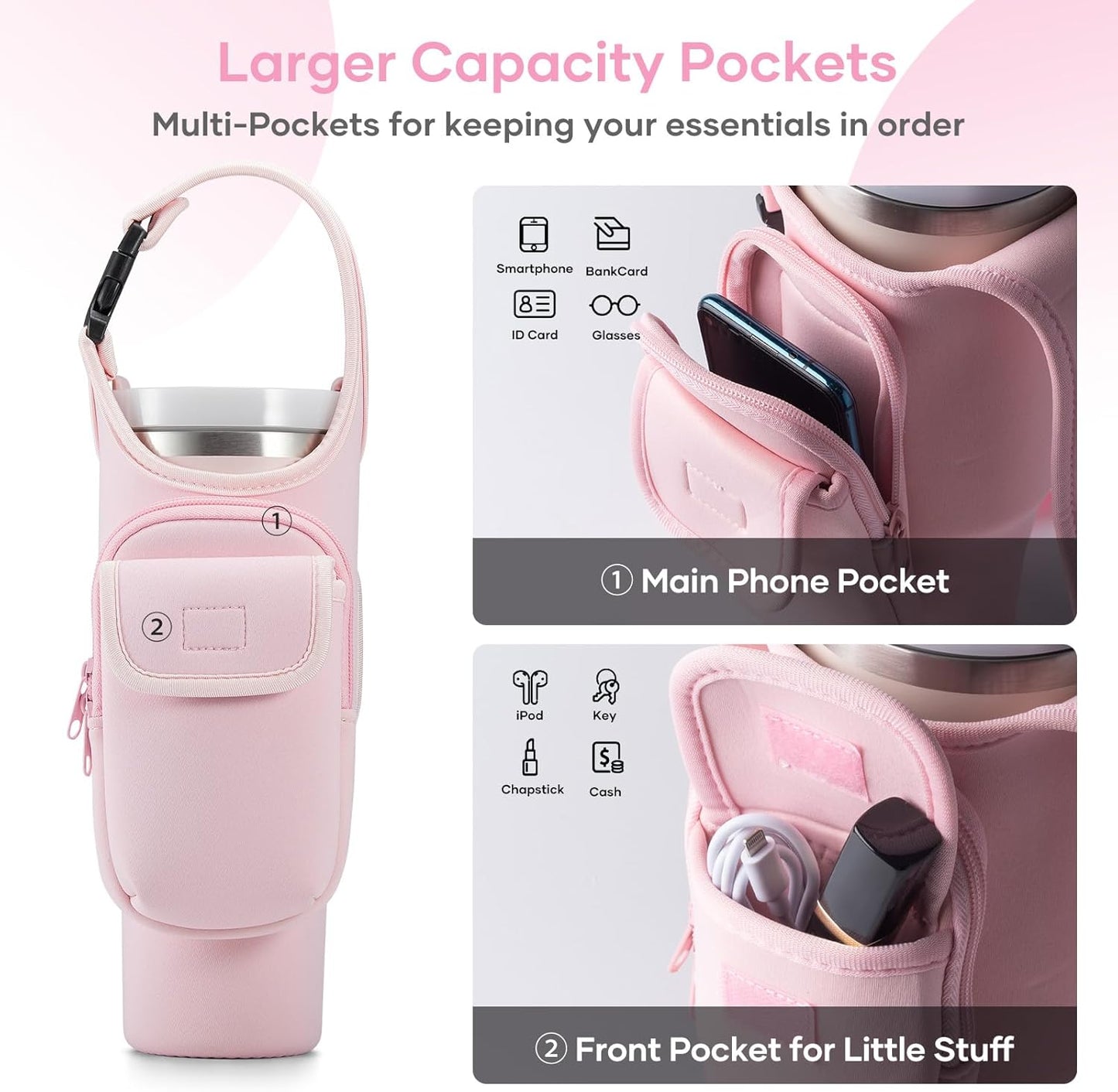 Bufilea Carrier Bag with Phone Holder Pockets for Stanley 40/30oz Tumbler with Handle, Insulated Neoprene Crossbody Bag Cup Holder w/Shoulder & Handheld Straps Fits Stanley Cup Accessories