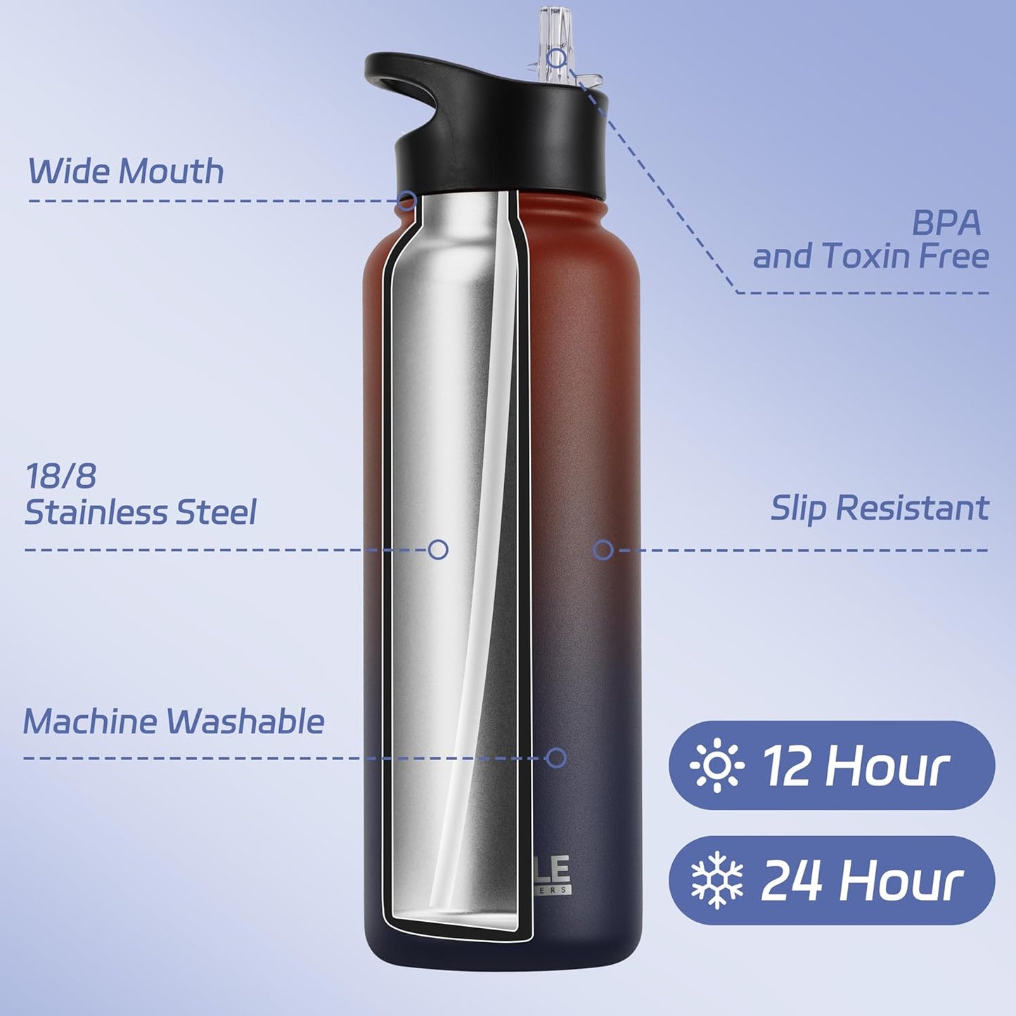 HASLE OUTFITTERS 32 oz Insulated Water Bottle Stainless Steel Double Walled Vacuum Sports Water Bottle with 2 Lids (Straw and Spout Lid) for Gym Camping Hiking(Black,1)