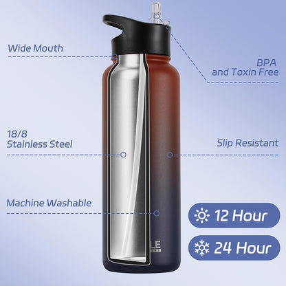 HASLE OUTFITTERS 32 oz Insulated Water Bottle Stainless Steel Double Walled Vacuum Sports Water Bottle with 2 Lids (Straw and Spout Lid) for Gym Camping Hiking(Black,1)