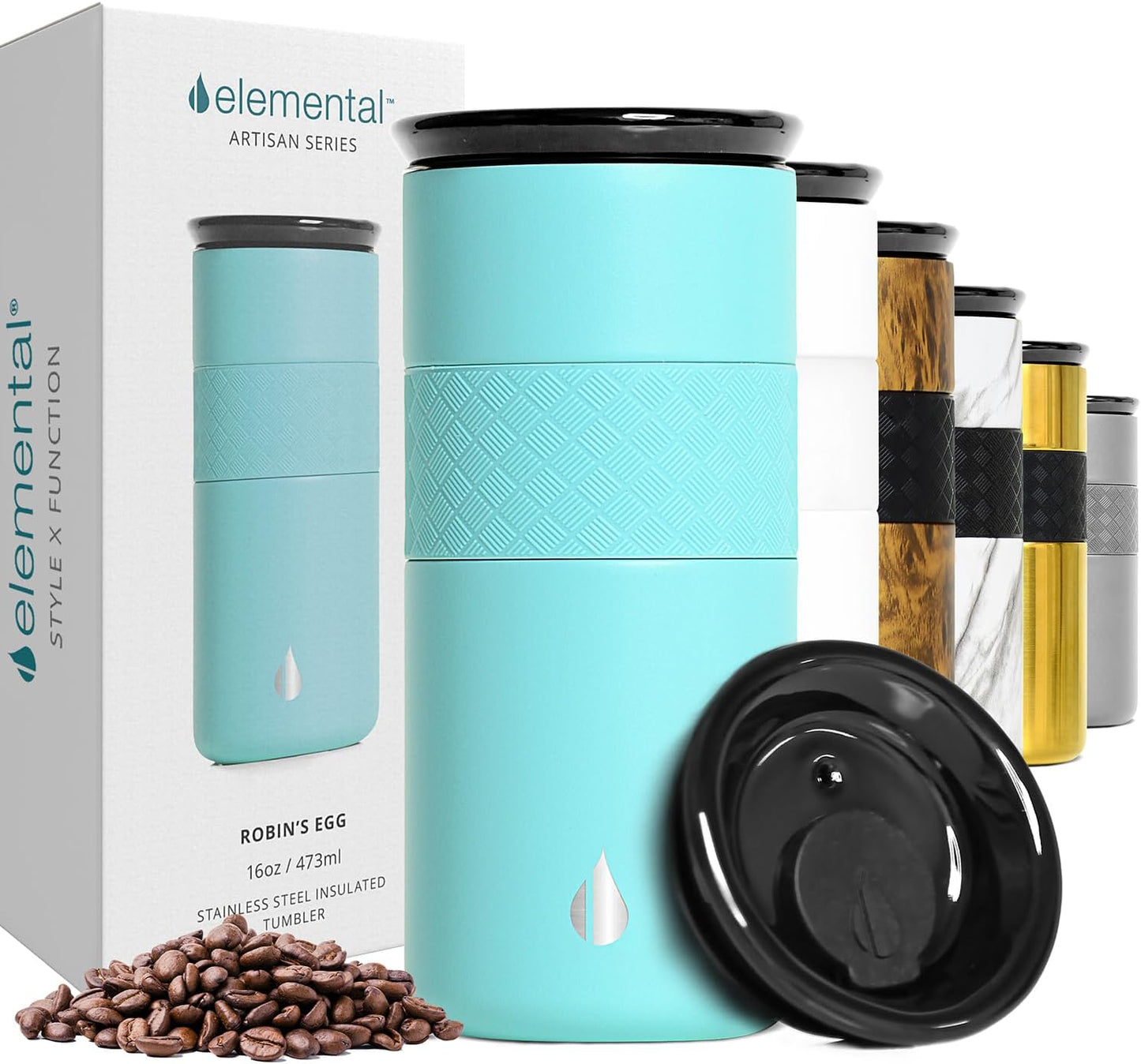 Elemental Artisan Insulated Tumbler, Triple Wall Coffee Travel Mug, Reusable Stainless Steel Coffee Tumbler with Ceramic Lid, Thermal Coffee Cups for Hot (6 Hrs) & Cold (18 Hrs), 16oz - Forest Green