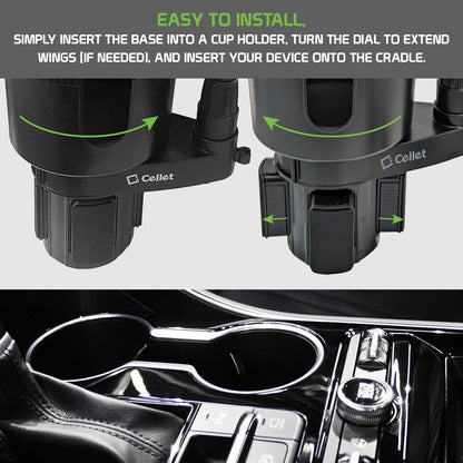 Cellet Cup Holder Tray for Car with Phone Mount – Expandable Base, 360° Rotation Food & Drink Tray with Non-Slip Surface, Adjustable Arm for Eating in Vehicle – Fits Most Standard Car Cup Holders