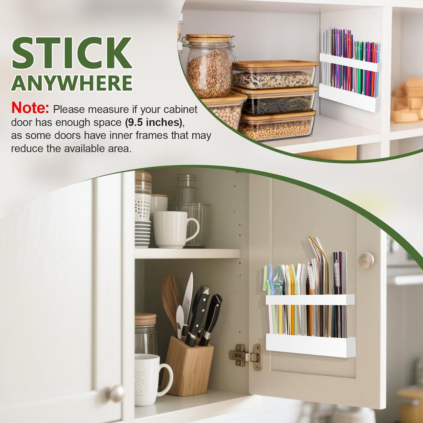 Malldii 9.5" Large Acrylic Straw Holder for Cabinet Door - Reusable Tumbler Straw Organizer Storage, Small Kitchen Accessories Container, Ultra Sticky Cupboard Door Mounted (Transparent)