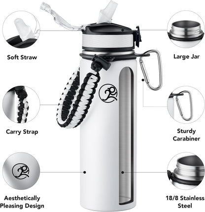 GOSWAG Insulated Sports Water Bottle, 24oz 2 Lids(with Straw/No Straw), Stainless Steel Water Bottles with Paracord Handle, Insulated Bottle with Double-Wall Vacuum Insulation