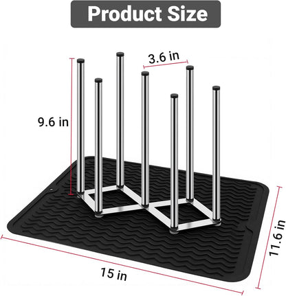 Stainless Steel Bottle Drying Rack with Non-Slip Silicone Mat – Foldable Water Bottles Dryer Stand for Cups, Tumblers, Wine Glasses & Baby Bottles, Space-Saving Countertop Bottle Rack Organizer