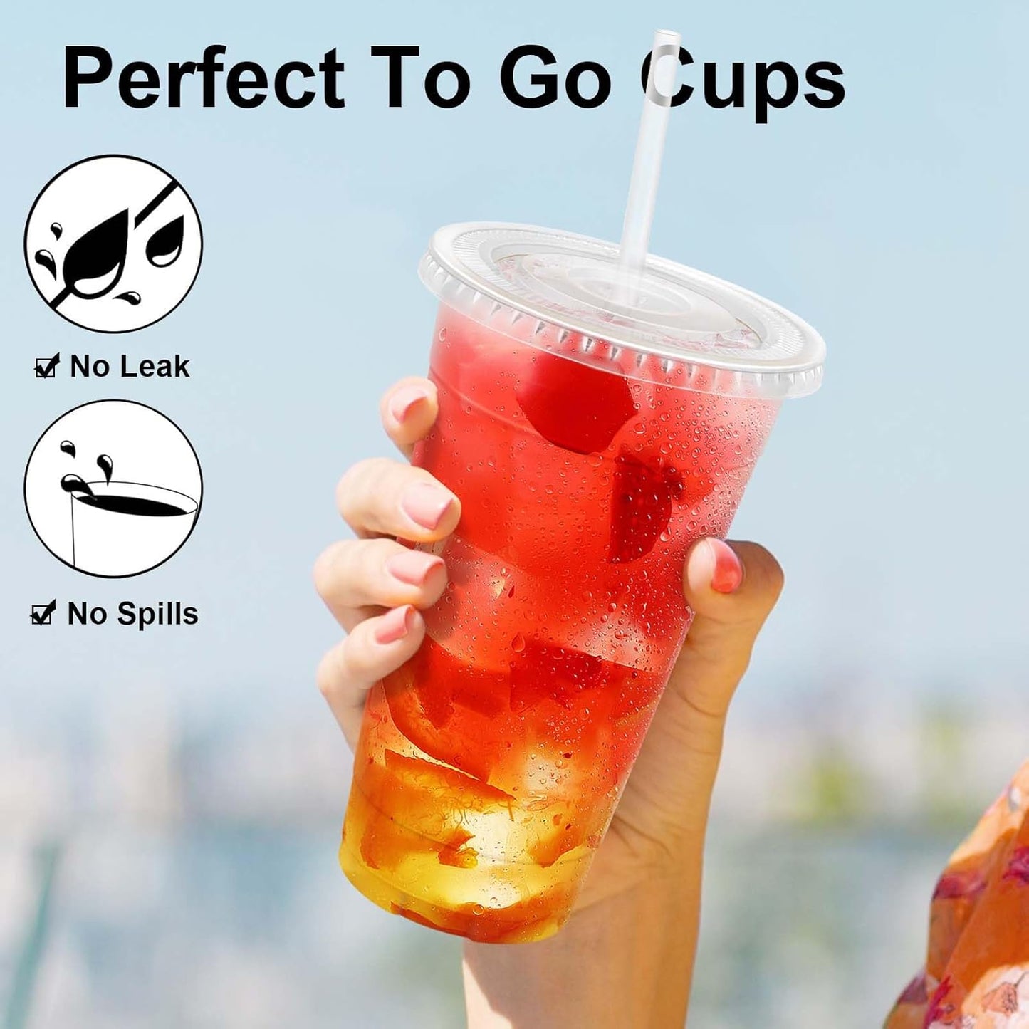 Clawsoff 100 Pack 20 oz Disposable Clear Plastic Cups with Lids and Straws, Leak-Proof Sturdy Cold Drink Cups for Iced Coffee, Smoothies, Juice, Parties & Business