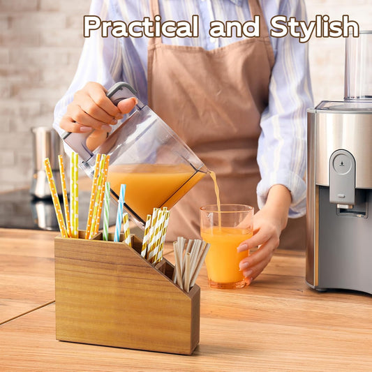 Straw Holder, Acacia Wood Straws Organizer, Cupboard Reusable Straws Dispenser for Kitchen Counter