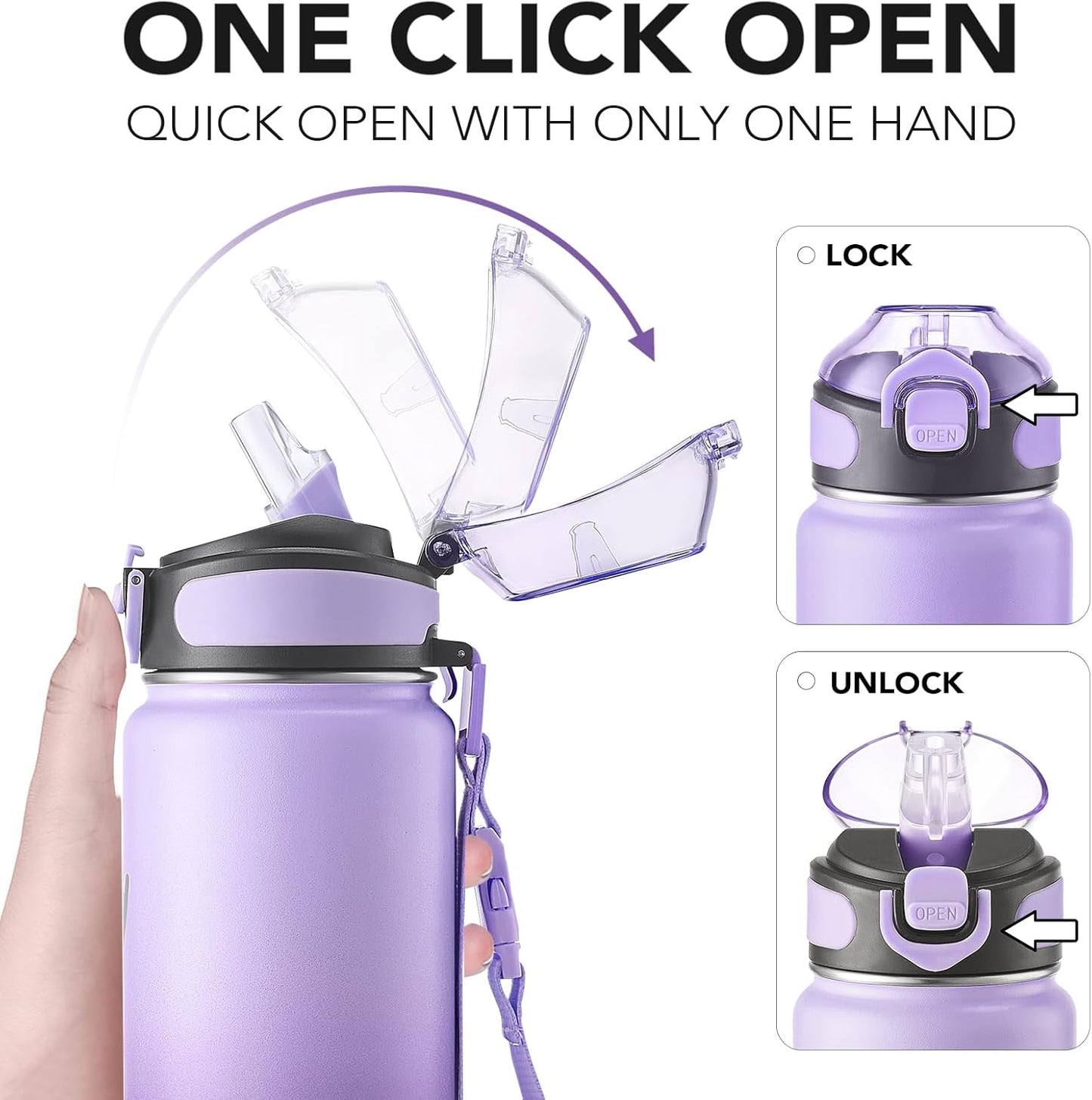 Enerbone 24 oz Insulated Water Bottle, Stainless Steel Bottle with Carrying Strap, Double-Wall Vacuum Insulation Design, Leakproof Sports Bottle with Straw, Keep Drinks Cold or Hot for Hours