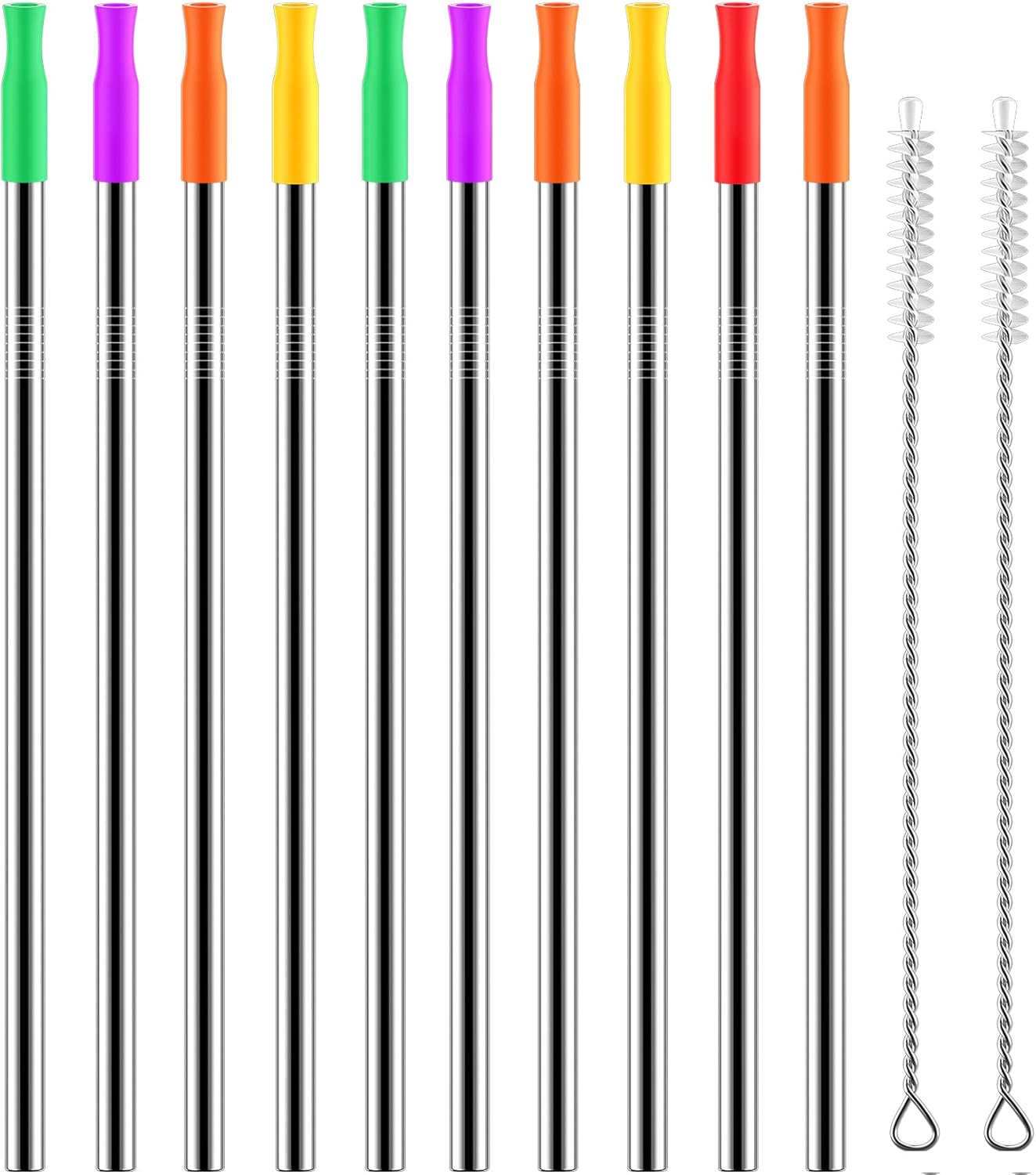 Set of 10 Stainless Steel Straws, HuaQi Straight Reusable Drinking Straws 10.5'' Long 0.24‘’ Dia for 30 oz Tumbler and 20 oz Tumbler, 2 Cleaning Brush Included (10 Straight Straw + 2 Brushes）