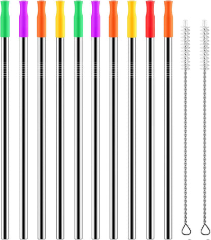 Set of 10 Stainless Steel Straws, HuaQi Straight Reusable Drinking Straws 10.5'' Long 0.24‘’ Dia for 30 oz Tumbler and 20 oz Tumbler, 2 Cleaning Brush Included (10 Straight Straw + 2 Brushes）