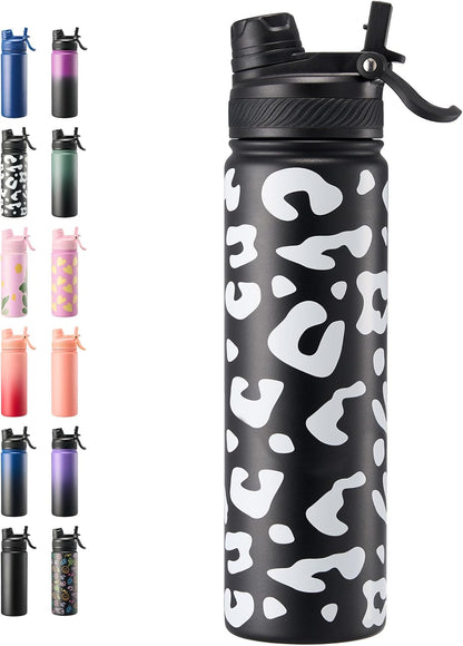 Fijinhom 18 oz Insulated Water Bottle, 2-in-1 Straw and Spout Lid Stainless Steel Thermos, Leak-Proof, Double Wall Vacuum Flask, Keep Cold 24H for Outdoor, Sports, Travel, School (Black)