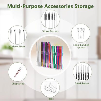 Malldii 9.5" Large Acrylic Straw Holder for Cabinet Door - Reusable Tumbler Straw Organizer Storage, Small Kitchen Accessories Container, Ultra Sticky Cupboard Door Mounted (Transparent)
