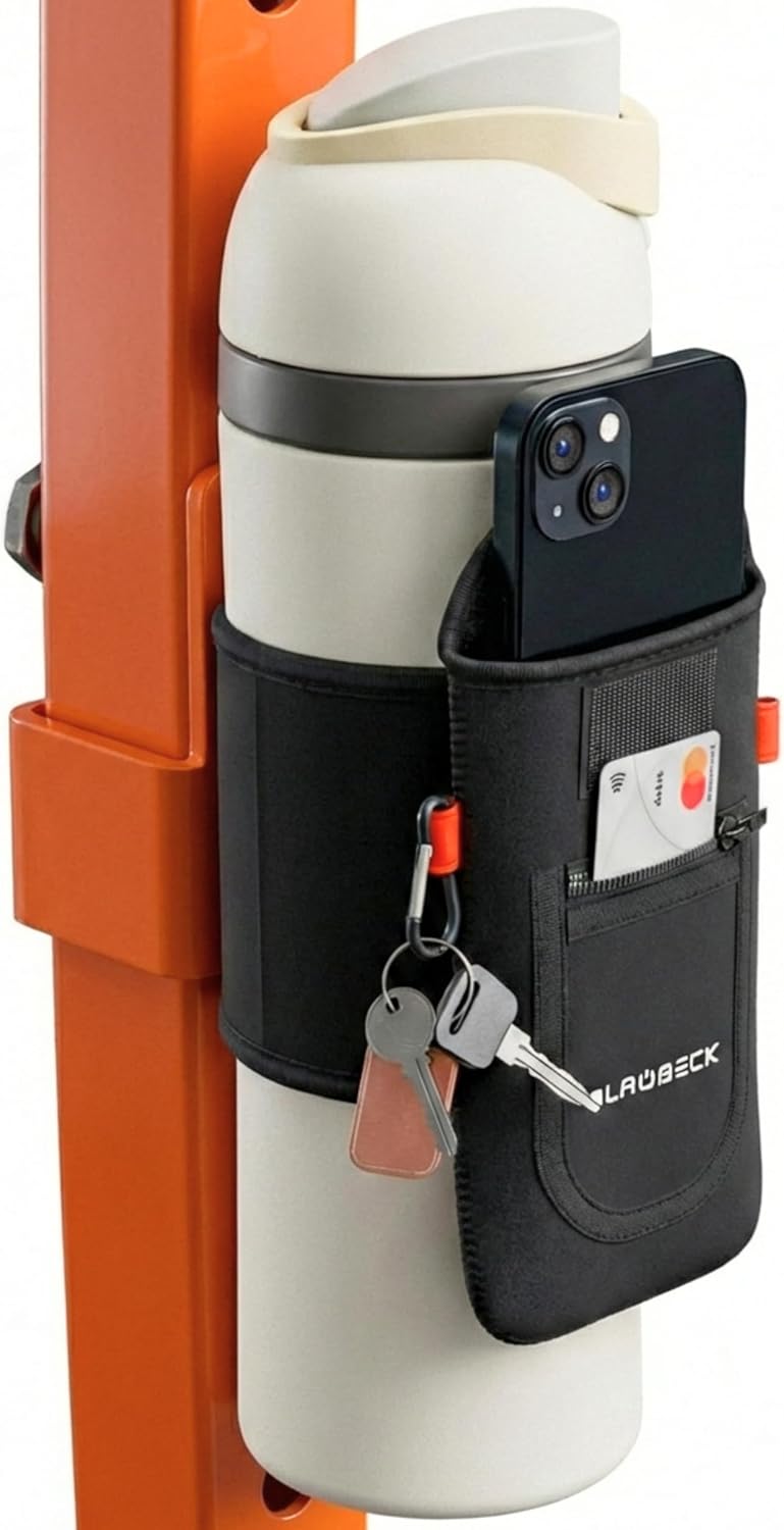 Magnetic Water Bottle Sleeve for Gym - Fits 18-40oz Bottles, 9-12 in Circumference - 4 Magnets Attach to Metal Equipment - Phone Pocket for iPhone 17 Pro Max - Black Neoprene (Bottle Not Included)