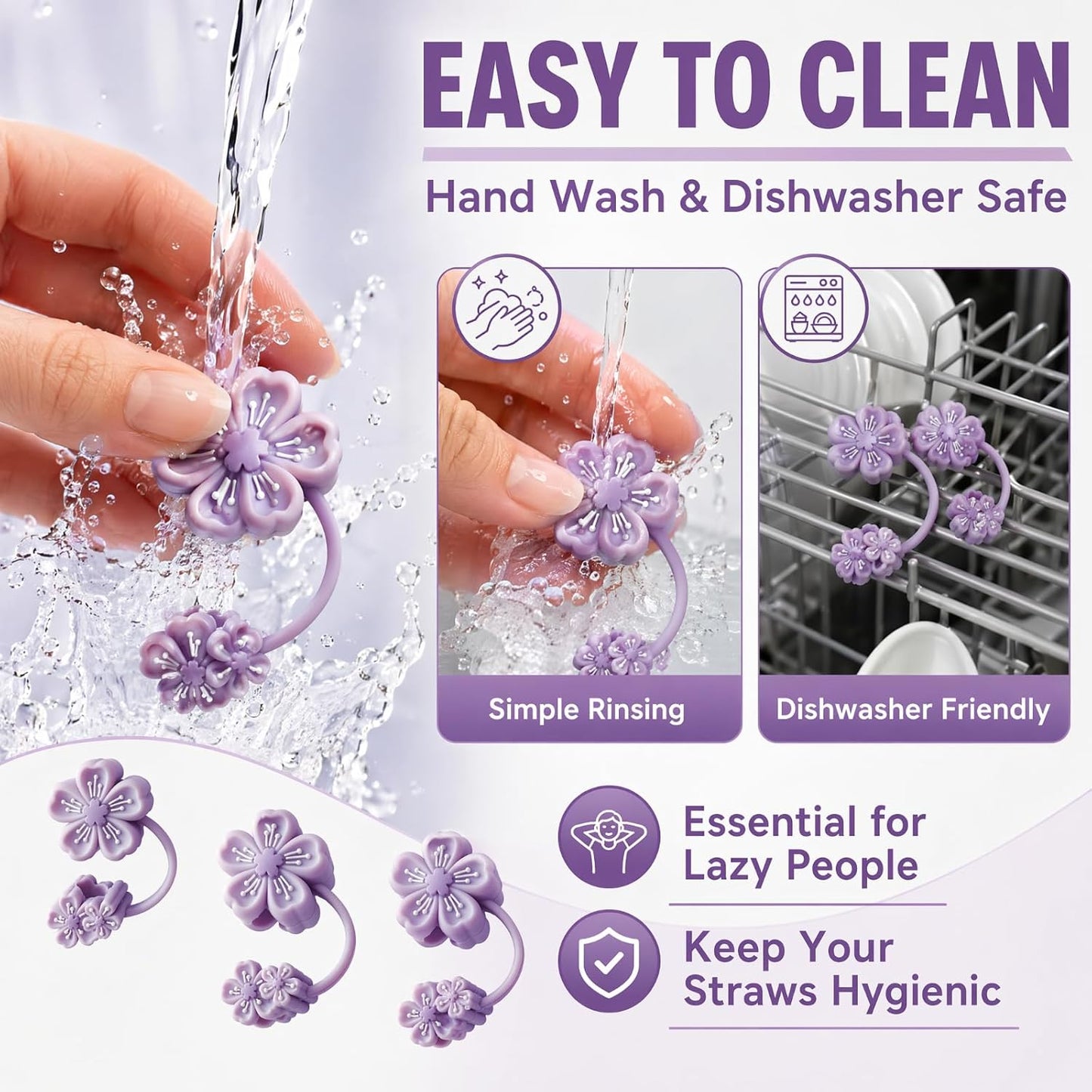 BTYHAOS Silicone Straw Caps for 10mm Tumblers | Reusable Dust-Proof Straw Toppers Compatible with Stanley 30oz & 40oz Tumblers (Purple Flower 3pc)