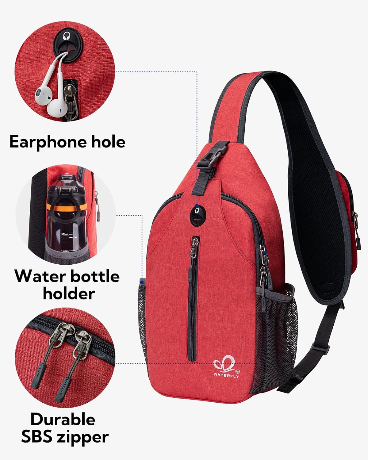 WATERFLY Crossbody Sling Backpack Sling Bag Travel Hiking Chest Bag Daypack (Black)