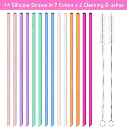 NiHome 14PCS Silicone Straws Fit for Stanley 40oz 30oz Tumbler, 14” Extra Long Reusable Drinking Straw, Flexible Can Cut Length for 1/Half Gallon 75 64 OZ Large Water Bottle - 2 Brushes (Rainbow)