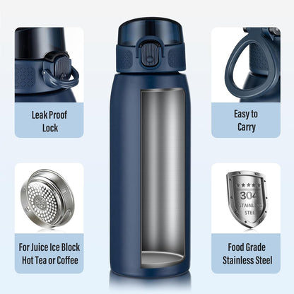 Insulated Water Bottle 24 oz with Dustproof Lid, Carry Handle & Tea Infuser, BPA-Free & Leakproof, Stainless Steel Water Bottles Ideal for Fitness, Hiking, Office & Outdoor Use (Black)
