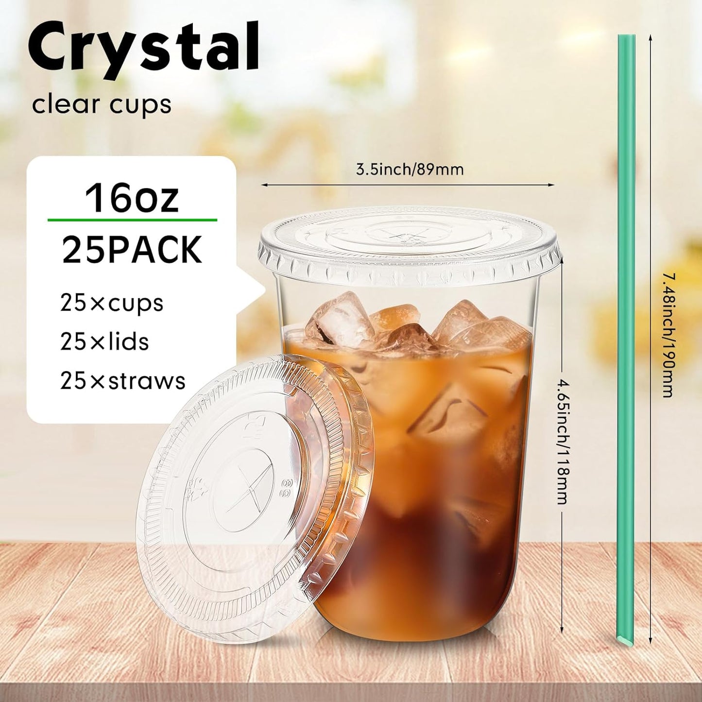 Baderke 25 Set Plastic Cups with Lids and Straws, Disposable Plastic Iced Coffee Cup for Cold Beverage Juice Smoothie Crystal for Coffee Shops Party Catering(Clear,16 oz)