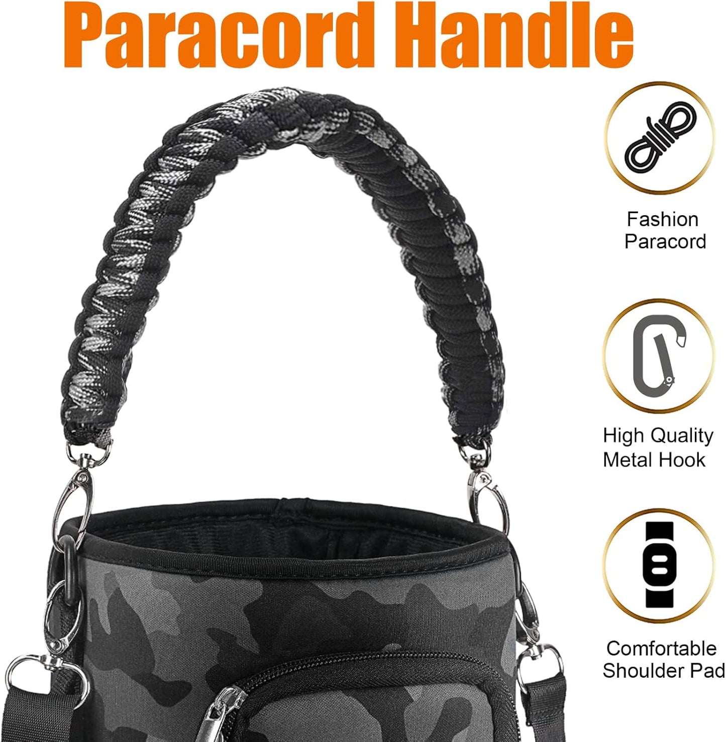 AceTreker 32/40/64/128 oz Neoprene Insulated Water Bottle Carrier Bag, Sling Bag Sleeve Pouch Holder with Strap & Paracord Handle and 2 Pocket for Travelling, Hiking, Camping