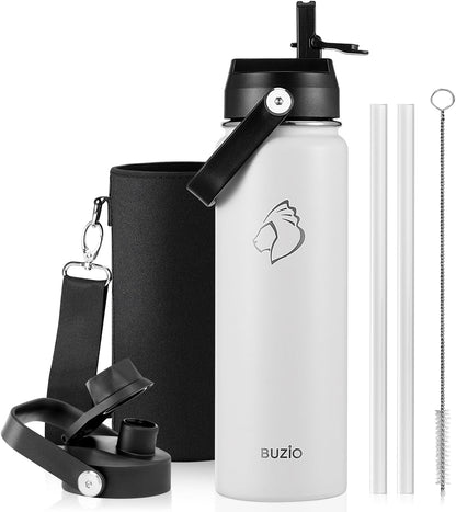BUZIO 40oz Insulated Water Bottle, Triple Wall Vacuum Stainless Steel Water Flask with 2 lids, Lead-Free BPA-Free Straw Lid Sports Canteen Jug, Cold 48H & Hot 24H- Black - Colors A