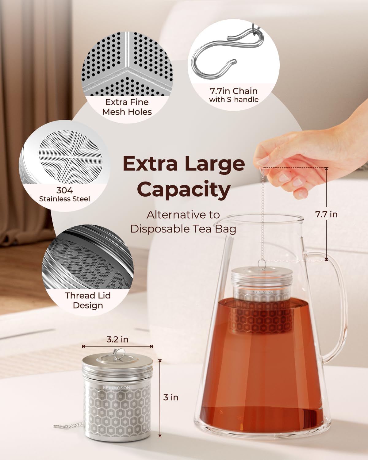 Reinmoson Tea Strainers for Loose Tea, Extra Fine Mesh Tea Infuser, 304 Stainless Steel & Updated Slim Threaded Lid, Loose Leaf Tea Steeper for Black Tea, Rooibos, etc