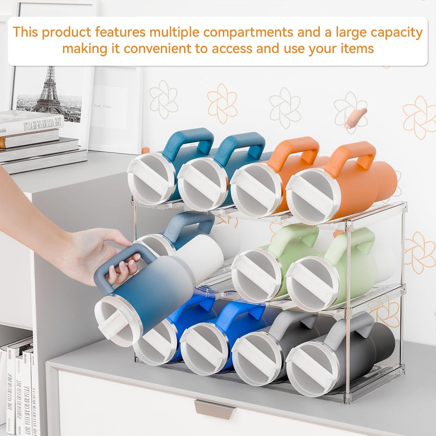Yieach Larger Compartments Stackable Water Bottle Organizer for 40 oz Stanley Cup Holder,Yeti and Other Tumbler Organizer,3 Tier Wine Rack and Waterbottle Storage Rack for Kitchen Cabinets,Countertop