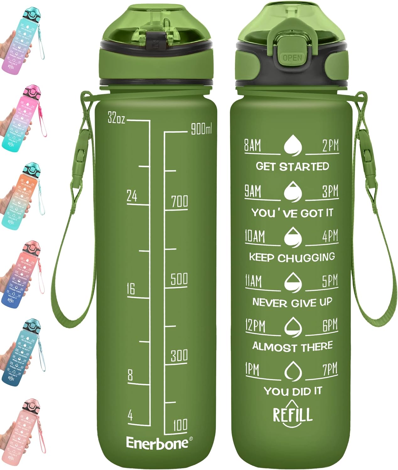 Enerbone 32 oz Drinking Water Bottle with Times to Drink and Straw, Motivational with Carrying Strap, Leakproof BPA & Toxic Free, Ensure You Drink Enough Water for Fitness Gym Outdoor