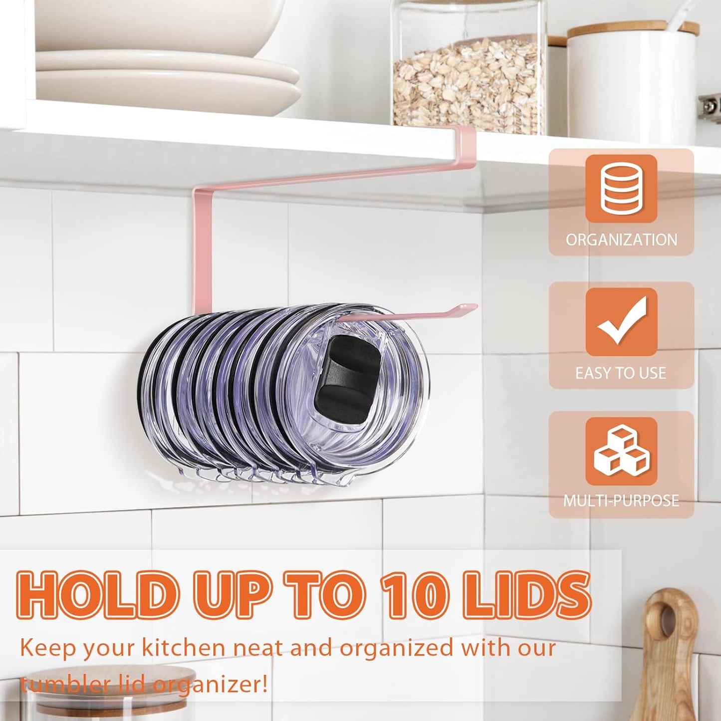 Tumbler Lid Organizer, Horizontal Tumbler Lid Storage Hook Up to 10 Lids, Space Saving Cup Lid Holders Under Cabinet Tumbler Lid Hook for Kitchen Organizer and Storage,Hanging Paper Towel Rack Hanger