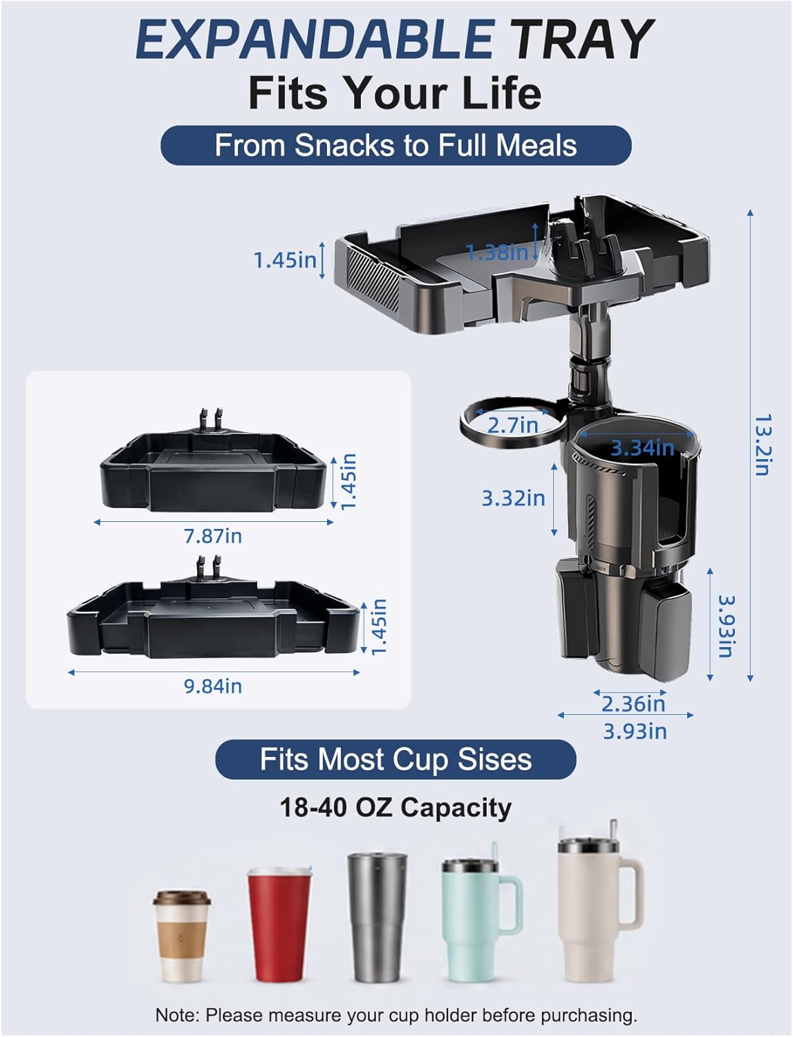 Car Cup Holder Tray, 10 Inch 4-in-1 Cup Holder Tray, 360° Rotating Drink Holder Expander with Detachable Food Tray & Phone Holder, Road Trip Essentials