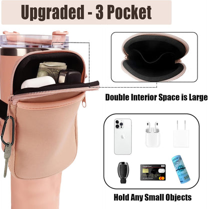 LMYUHONG Water Bottle Pouch For Stanley cup accessories 40oz 20oz 30oz,tumbler pouch with Versatile Pocket, for Cards, Keys,Earphone. Fits for Phones, Use for Running, Walking, Hiking,Biking,DeepPink
