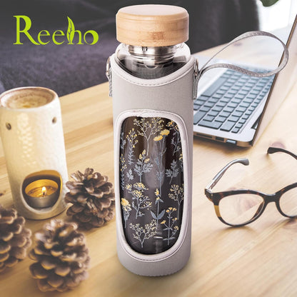 32oz Borosilicate Glass Water Bottle with Tea Infuser, Tea Tumbler with Strainer, Reusable Travel Mug with Sleeve & 2 Lids, Glass Drinking Bottle for Hot or Cold Drinks