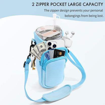 JEBEALUO Water Bottle Carrier Bag with Phone Pocket for Stanley Cup 40/30 oz, Water Bottle Holder with Adjustable Strap& Straw Cover, Stanley Cup Accessories