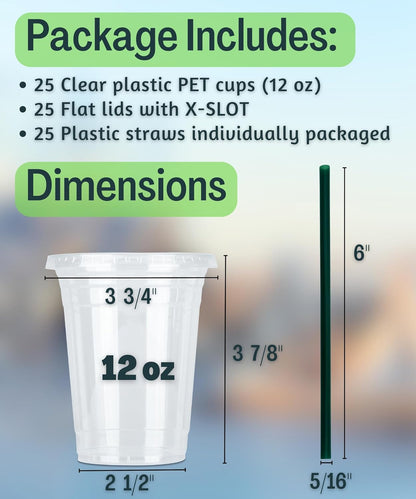 Cappatua 20 oz Clear Plastic Cups with Lids and STRAWS, Disposable Drinking Cups for Cold Drinks, Iced Coffee, Milkshakes, Smoothies, 25 Sets