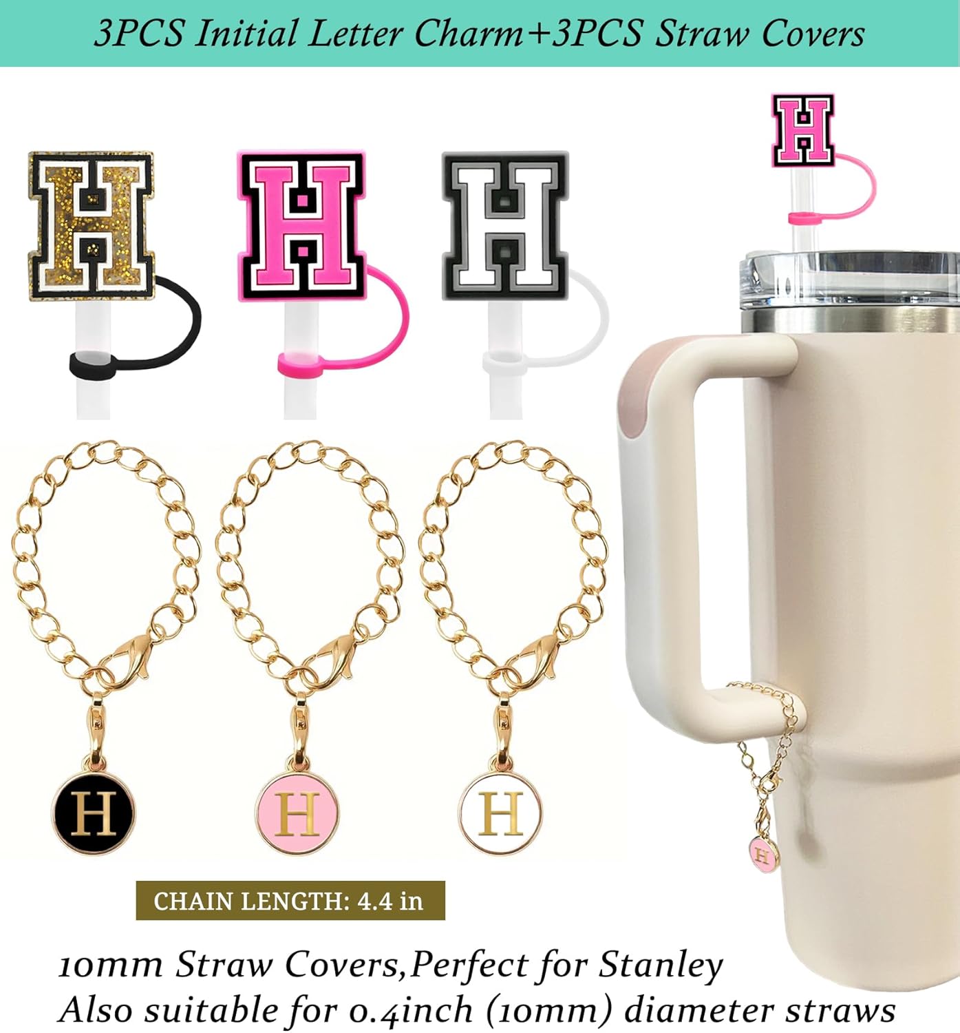 （3 +3) 3PCS Nuozme Straw Cover 10mm For Stanley Tumbler Cup Reusable Straw Cap Topper with 3 Initial Letter Charms Accessories Name ID Personalized Handle Charm For Stanley 30&40 Oz Cup Tumbler - Colors A