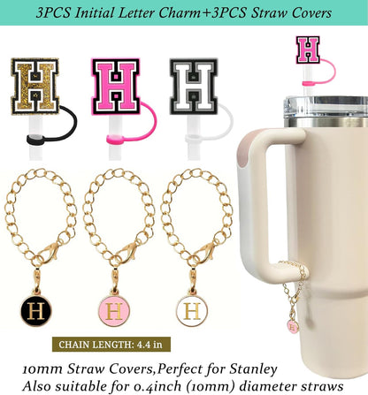 （3 +3) 3PCS Nuozme Straw Cover 10mm For Stanley Tumbler Cup Reusable Straw Cap Topper with 3 Initial Letter Charms Accessories Name ID Personalized Handle Charm For Stanley 30&40 Oz Cup Tumbler - Colors A